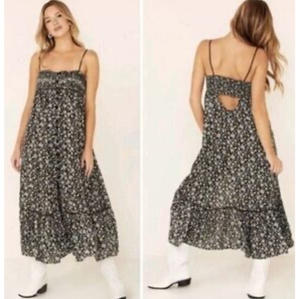 Free People Molly Jo Midi Dress Women's Size S/P Black Floral Smocked
